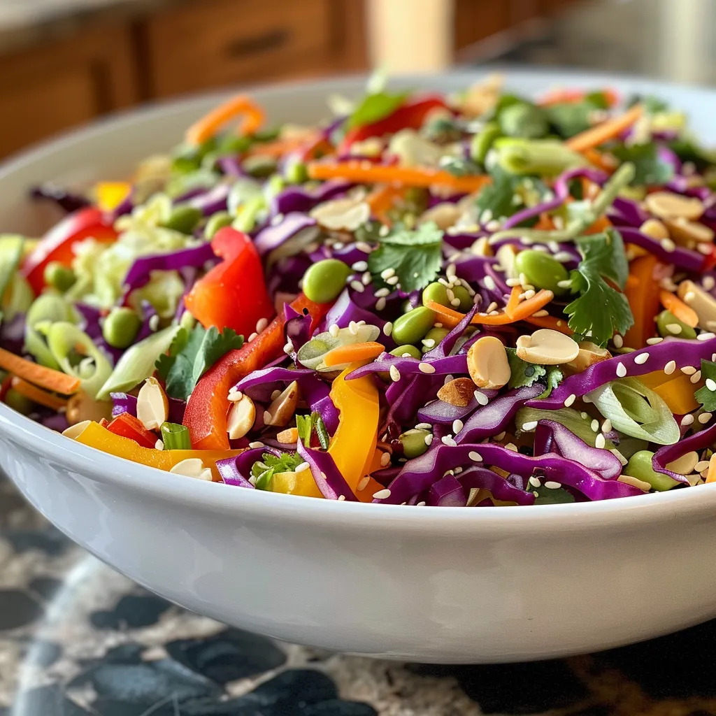 Side view of a fresh and crunchy Asian salad filled with red cabbage, carrots, and bell peppers.