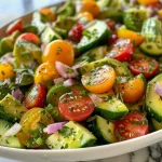 A close-up view of a vibrant cucumber avocado salad, showcasing diced cucumbers, avocados, and cherry tomatoes.