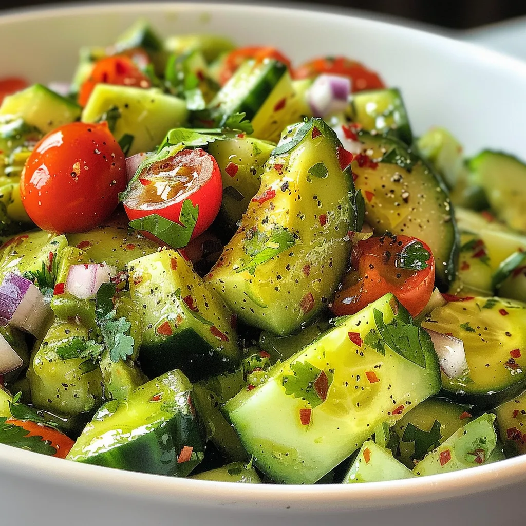 A colorful salad with green avocado cubes, thin cucumber slices, and red onion, garnished with herbs.