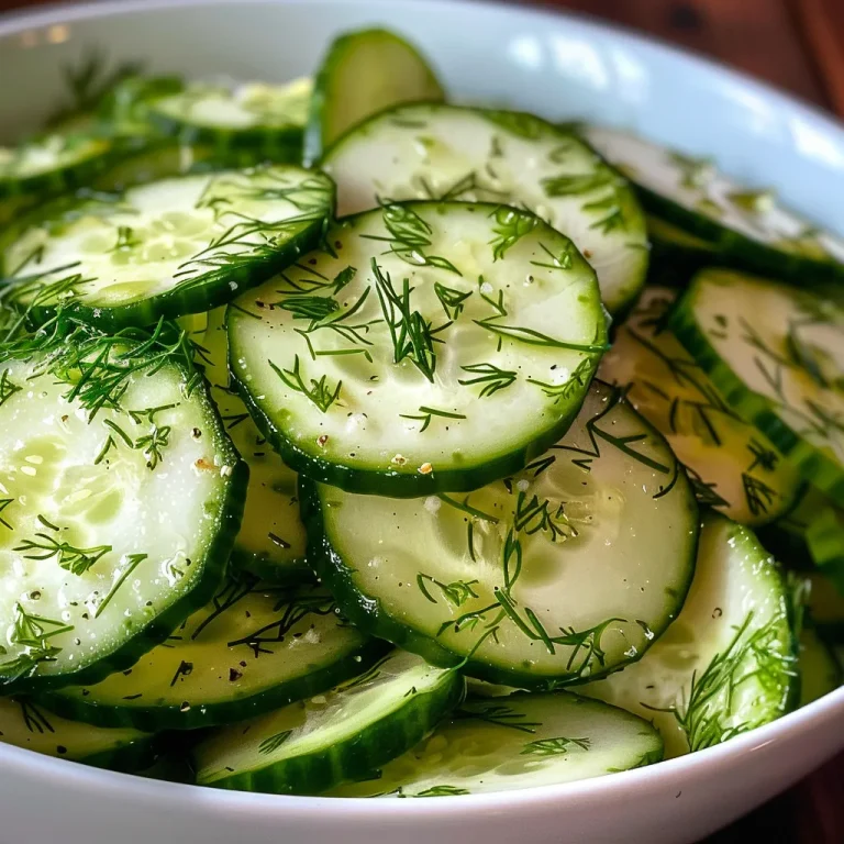 Close-up view of a fresh cucumber salad with dill and sour cream in a bowl.