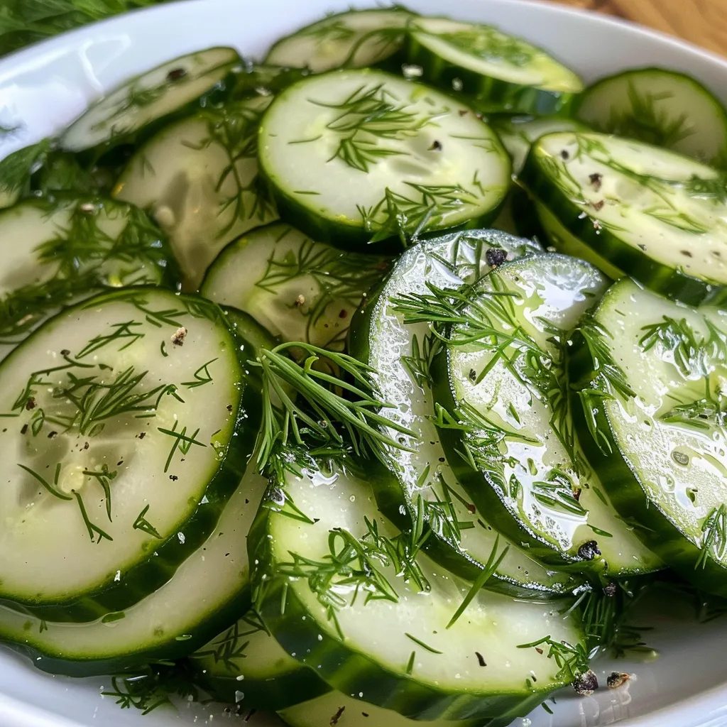 Side view of a cucumber salad featuring sliced cucumbers, dill, and a creamy dressing.