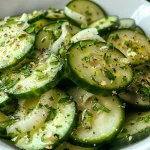 Close-up of a vibrant cucumber salad with thinly sliced cucumbers and onions.