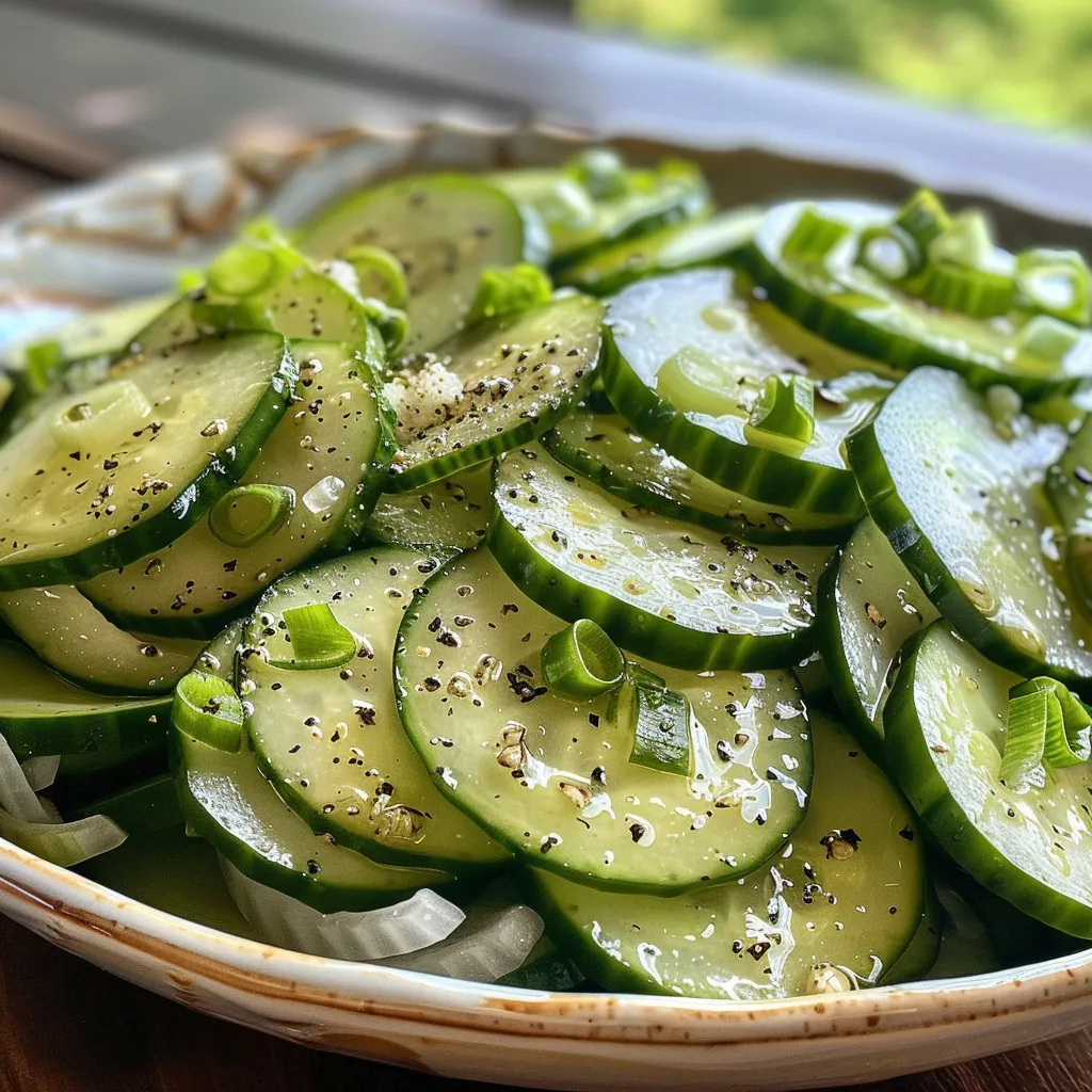 Fresh cucumber salad featuring a mixture of cucumbers, onions, and a vinegar dressing.