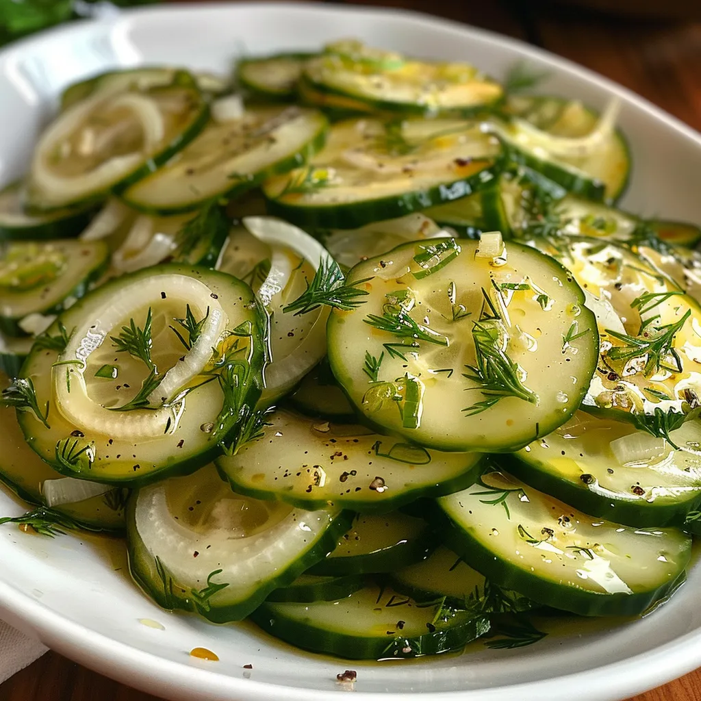 Side view of a refreshing Cucumber Vinegar Salad with a glossy appearance from the vinegar dressing.