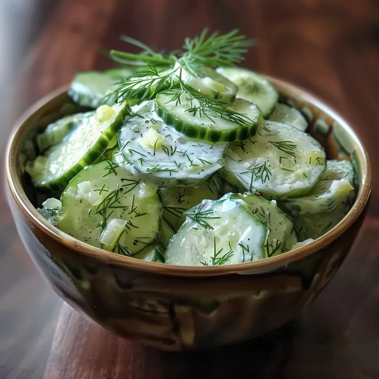 Close-up view of a fresh cucumber yogurt dill salad in a bowl.