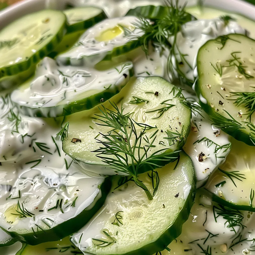 Side angle of a creamy cucumber salad garnished with dill and lemon.