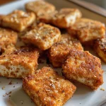 Close-up view of crispy baked tofu nuggets on a plate.