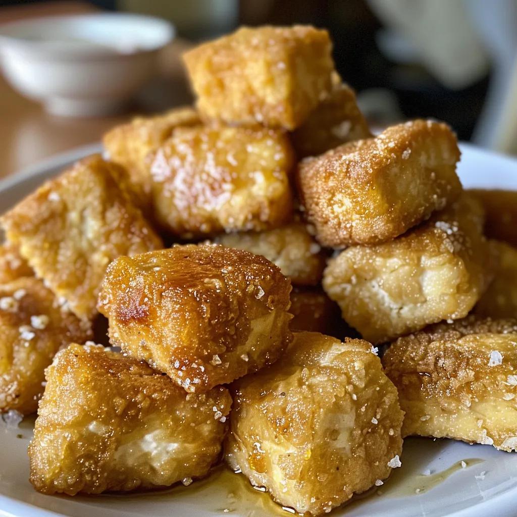 Juicy tofu nuggets arranged on a white dish, showcasing texture.