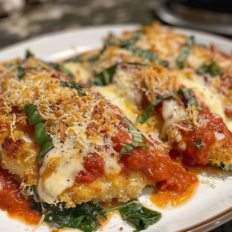 Close-up view of a juicy chicken Parmesan dish topped with melted cheese and fresh spinach.