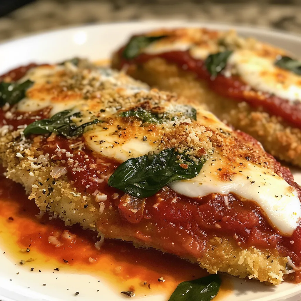 Side view of a delicious chicken Parmesan served with a rich tomato sauce and herbs.