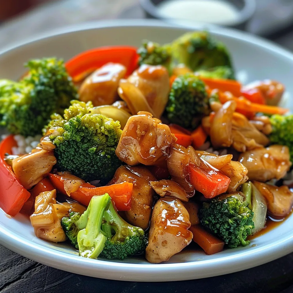 Juicy chicken stir fry topped with vegetables, captured side view on a modern countertop.