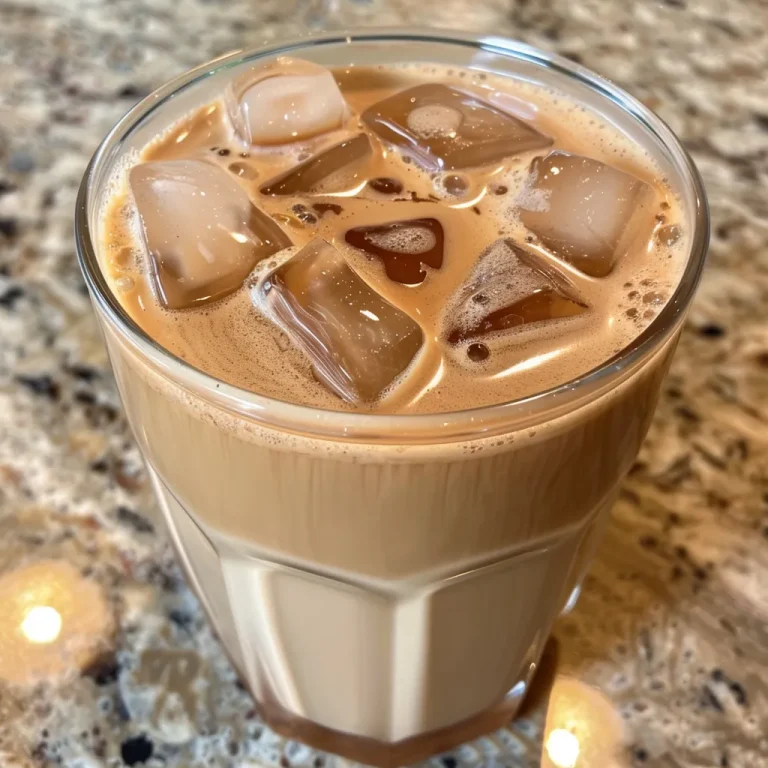 Close-up of a glass filled with iced coffee, featuring ice cubes and a creamy top.