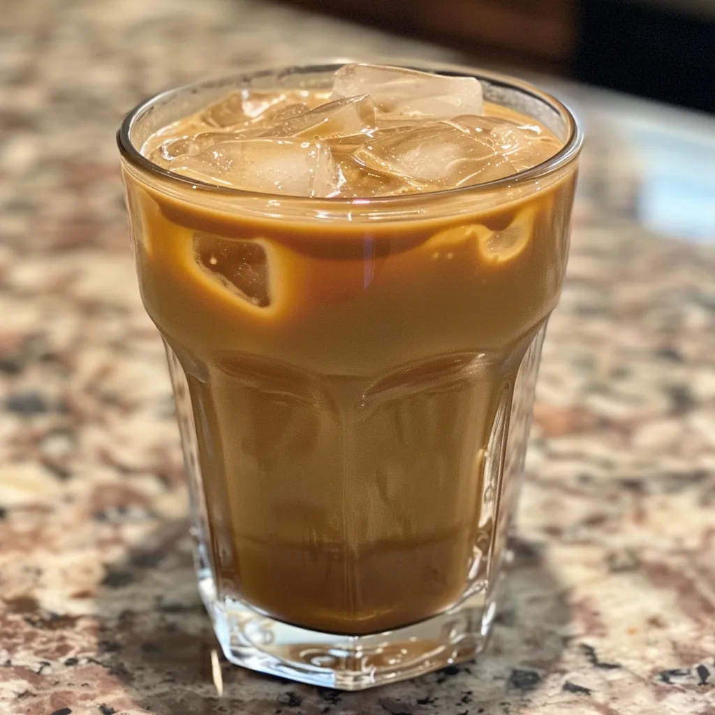 Side view of a delicious vanilla iced coffee with condensation on the glass.