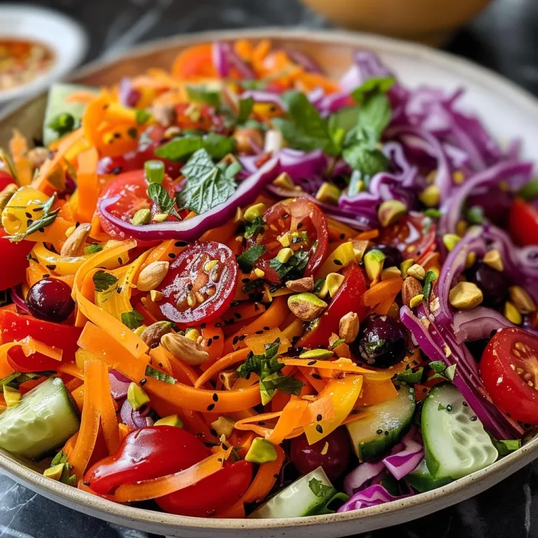Close-up view of a colorful Easy Rainbow Salad with fresh vegetables and fruits.