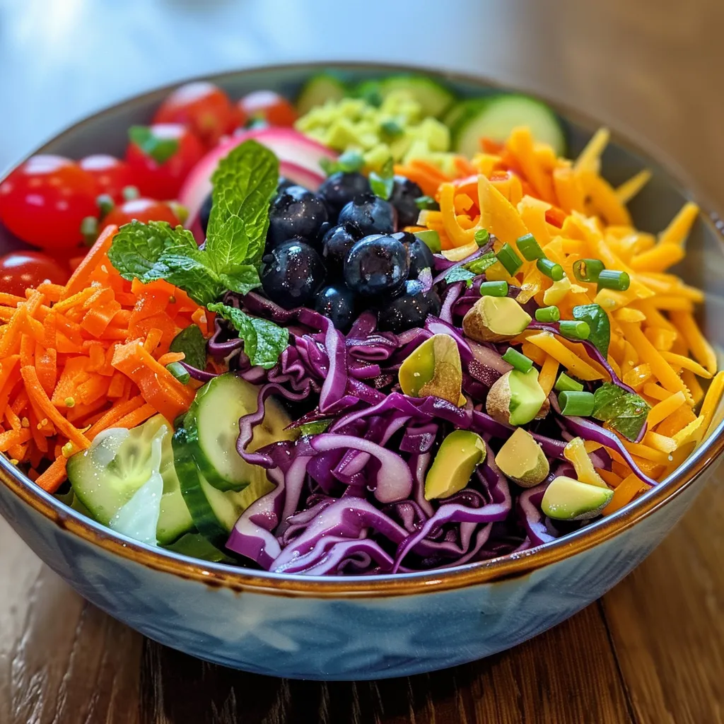 Side view of a vibrant salad featuring red cabbage, cherry tomatoes, and blueberries.