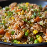 A close-up view of a plate of chicken fried rice filled with colorful vegetables and diced chicken.
