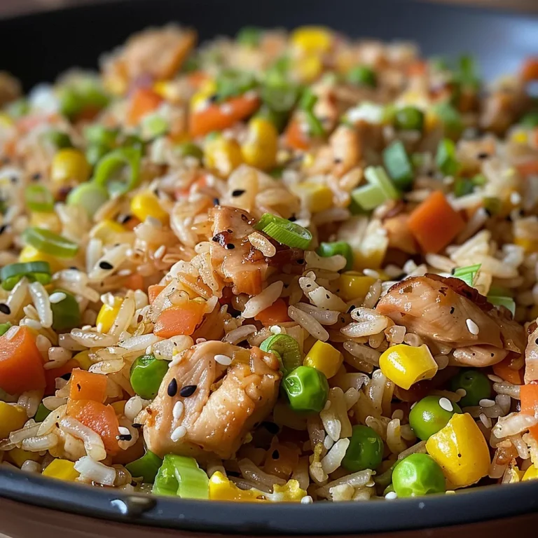 A close-up view of a plate of chicken fried rice filled with colorful vegetables and diced chicken.