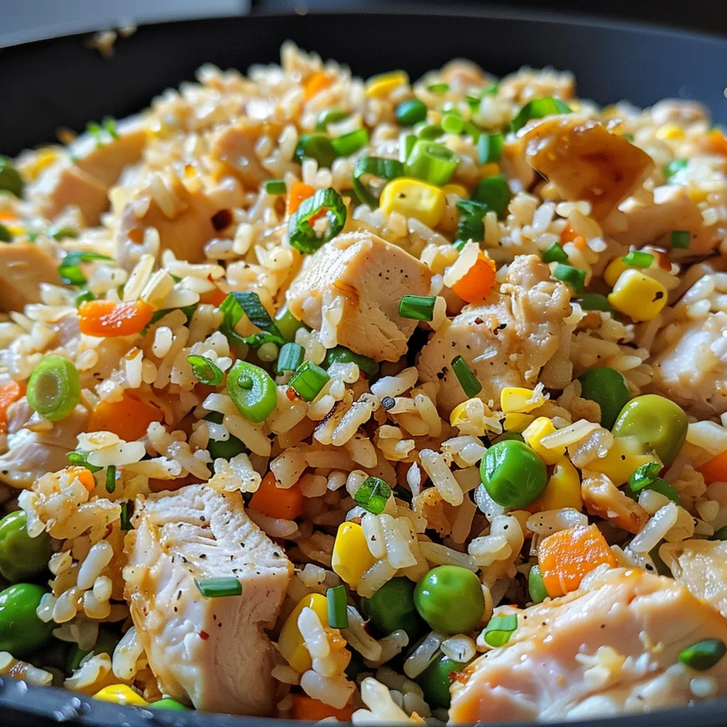 Juicy chicken fried rice with peas, carrots, and green onions, served on a white plate.