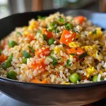 Close-up view of a bowl of colorful veggie fried rice with mixed vegetables.