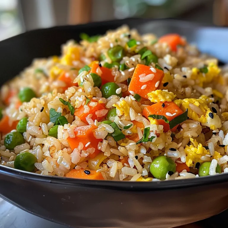 Close-up view of a bowl of colorful veggie fried rice with mixed vegetables.