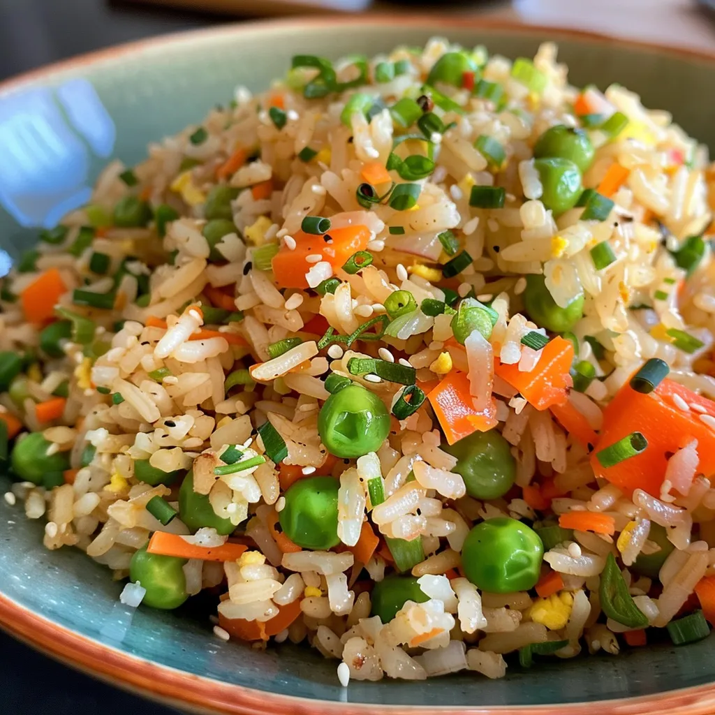 Delicious plate of Easy Veggie Fried Rice showcasing vibrant carrots, peas, and bell peppers.