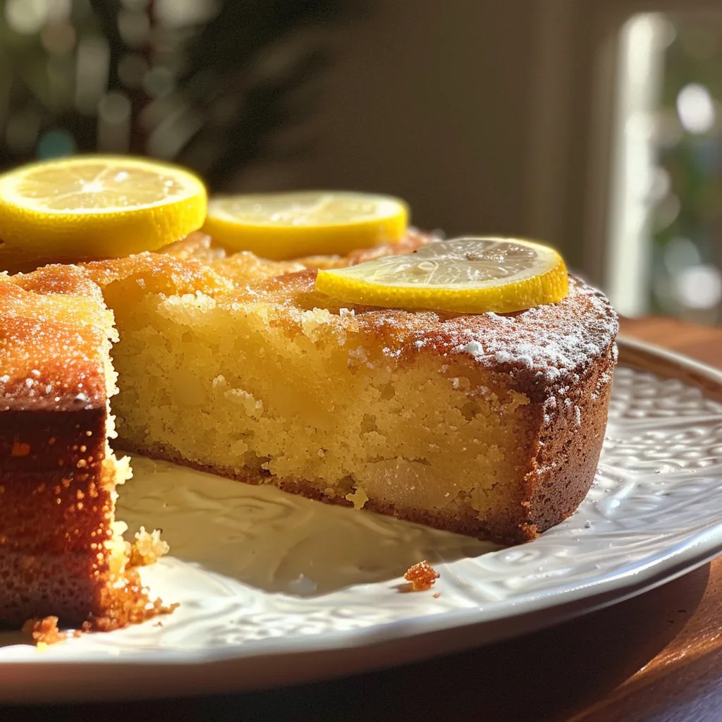 Close-up view of a moist, flourless lemon almond cake with a slice removed.