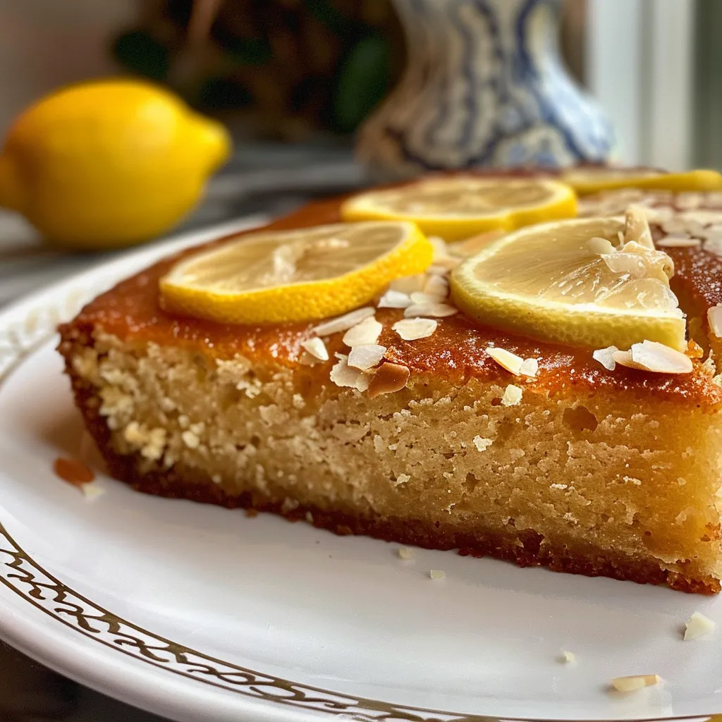 Side view of a textured lemon almond cake topped with lemon zest and fresh lemon slices.
