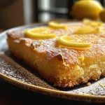Close-up side view of a moist flourless lemon cake with a smooth surface and decorative zest.