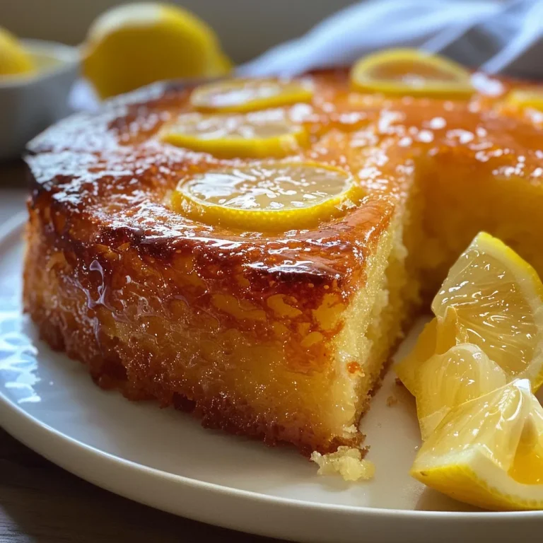 A close-up side view of a golden-brown flourless lemon yogurt cake, showcasing its moist texture.