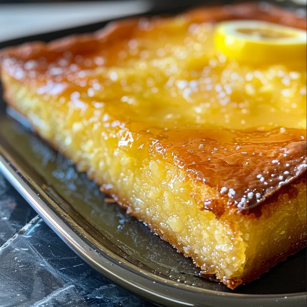Side view of a delicious flourless lemon yogurt cake with a glossy finish and lemon zest on top.