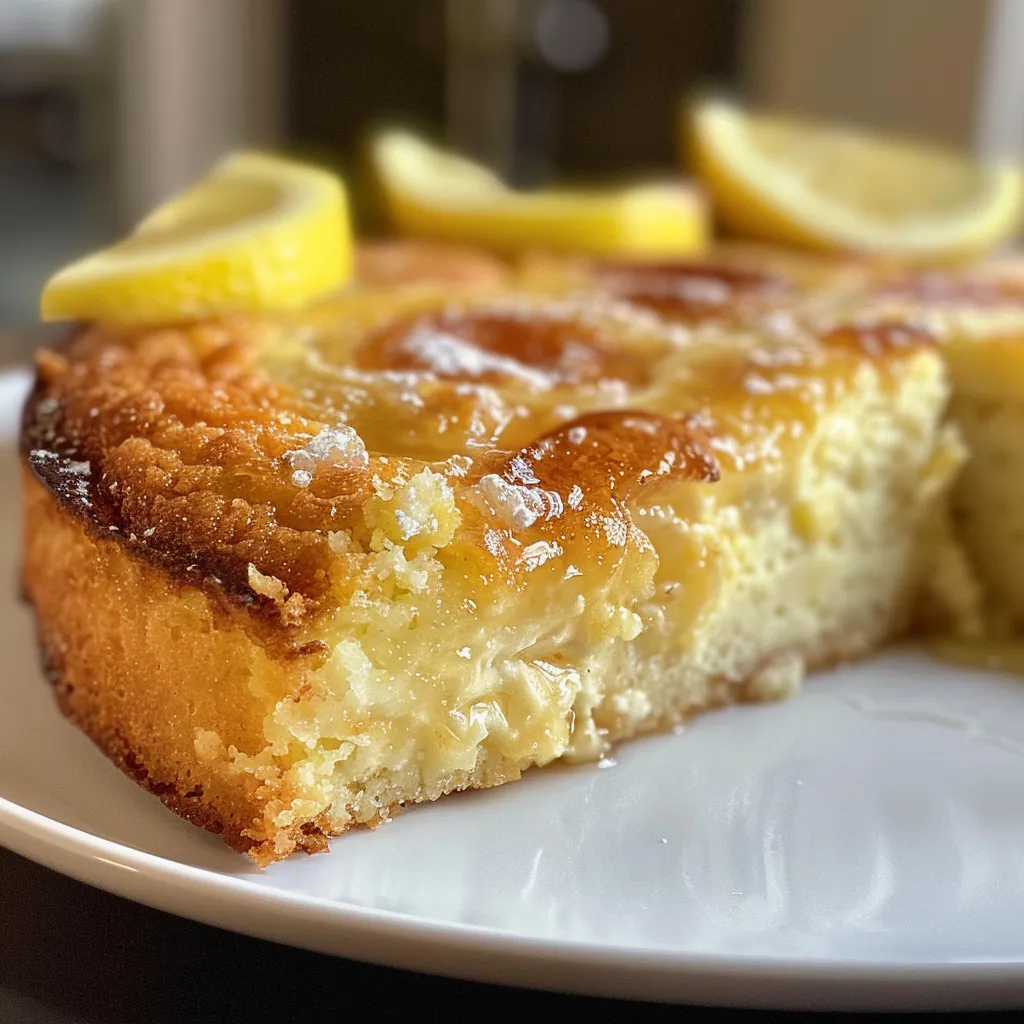 Side view of a moist Flourless Ricotta Lemon Almond Cake showing its fluffy texture and rich yellow hue.