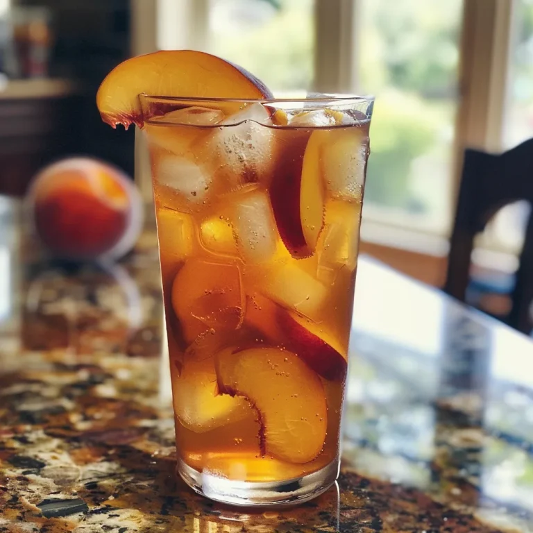 Close-up of a refreshing glass of peach iced tea with peach slices.
