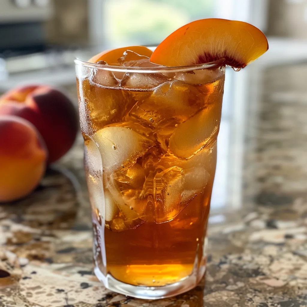 Side view of homemade iced tea featuring fresh peaches and ice.