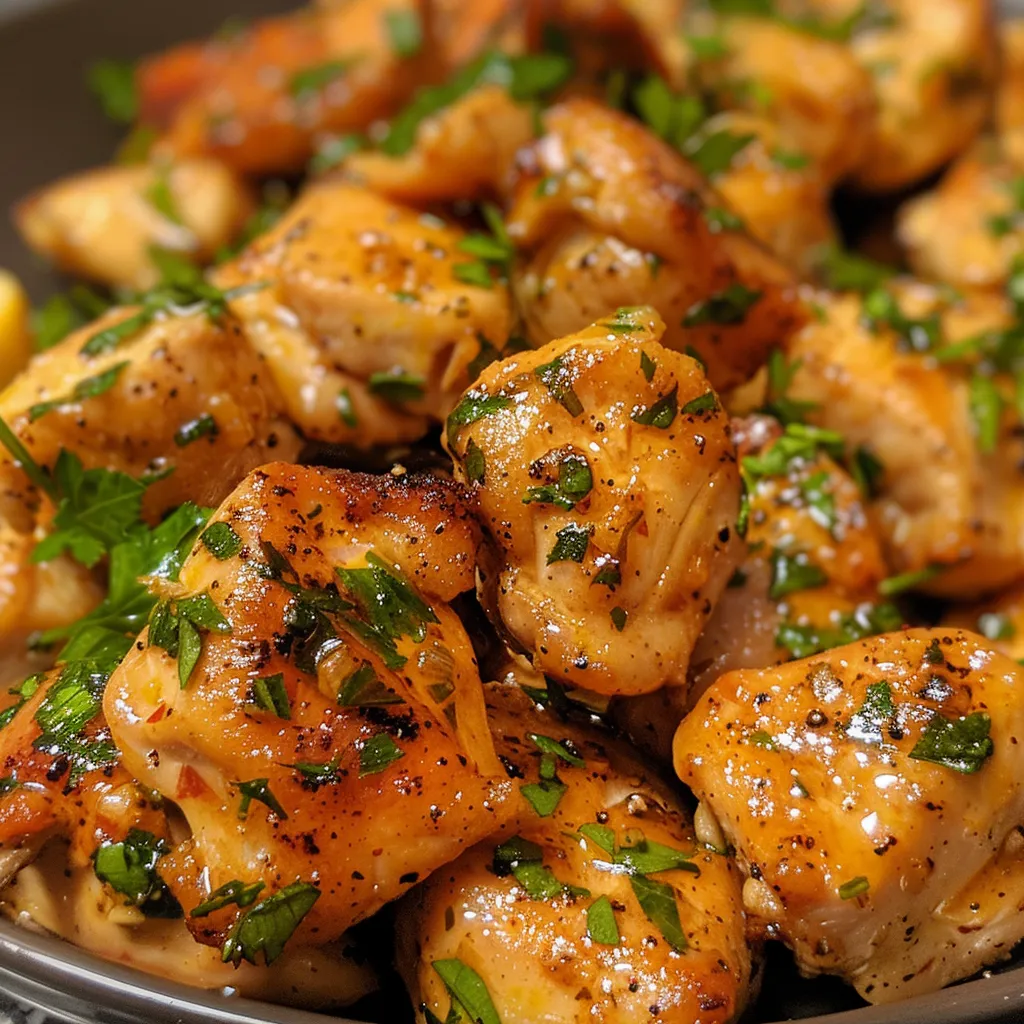 Juicy chicken bites garnished with parsley, served alongside linguine.