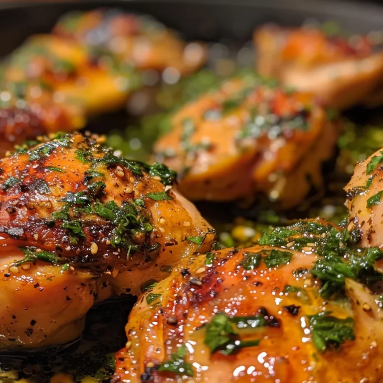 Close-up of juicy Garlic Butter Chicken garnished with fresh parsley.