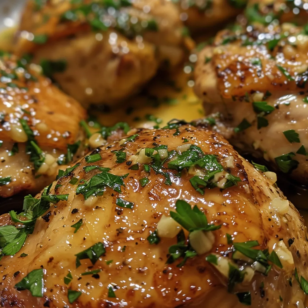 Side view of tender chicken breasts glazed in garlic butter.