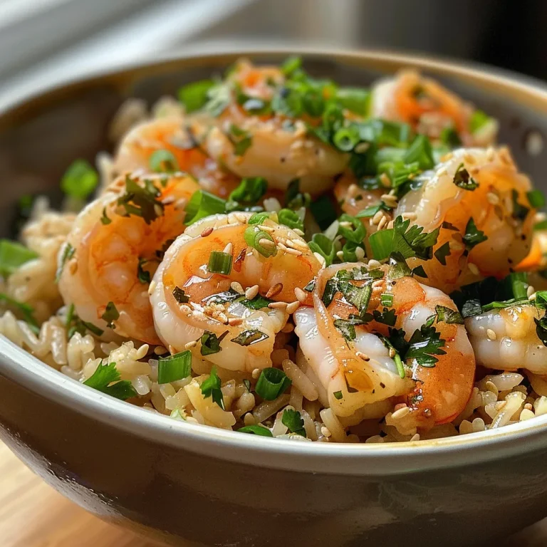Close-up of a bowl filled with garlic butter shrimp, rice, and colorful vegetables.