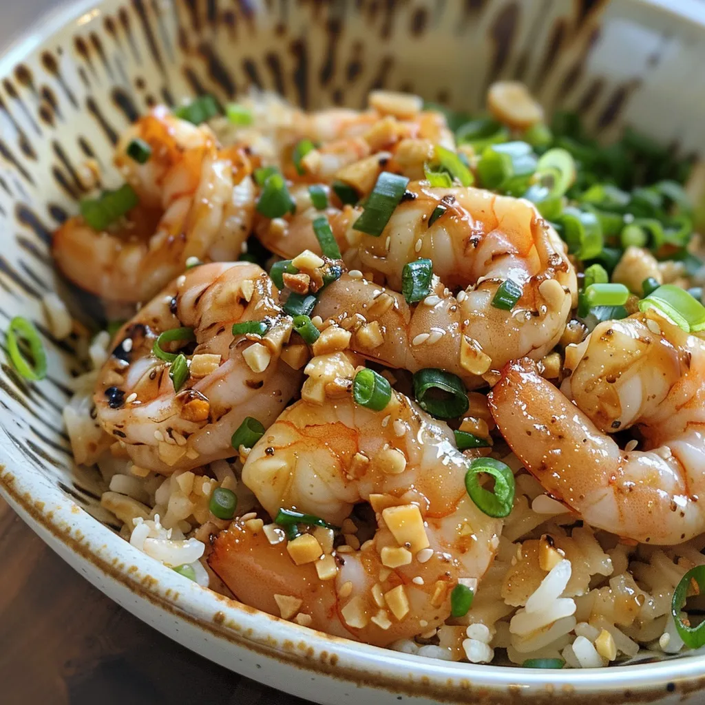 Juicy shrimp mixed with fluffy jasmine rice and fresh scallions in a cozy bowl.