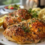 Close-up view of juicy garlic chicken with herbs, served on a white plate.