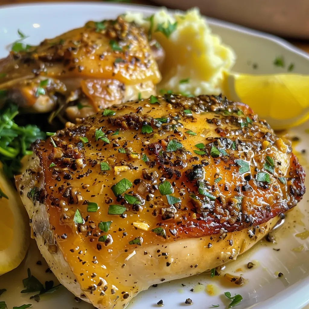 Side angle of garlic chicken garnished with parsley and lemon wedges.