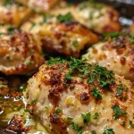 Juicy garlic parmesan chicken bake with herbs and seasoning on a baking dish.