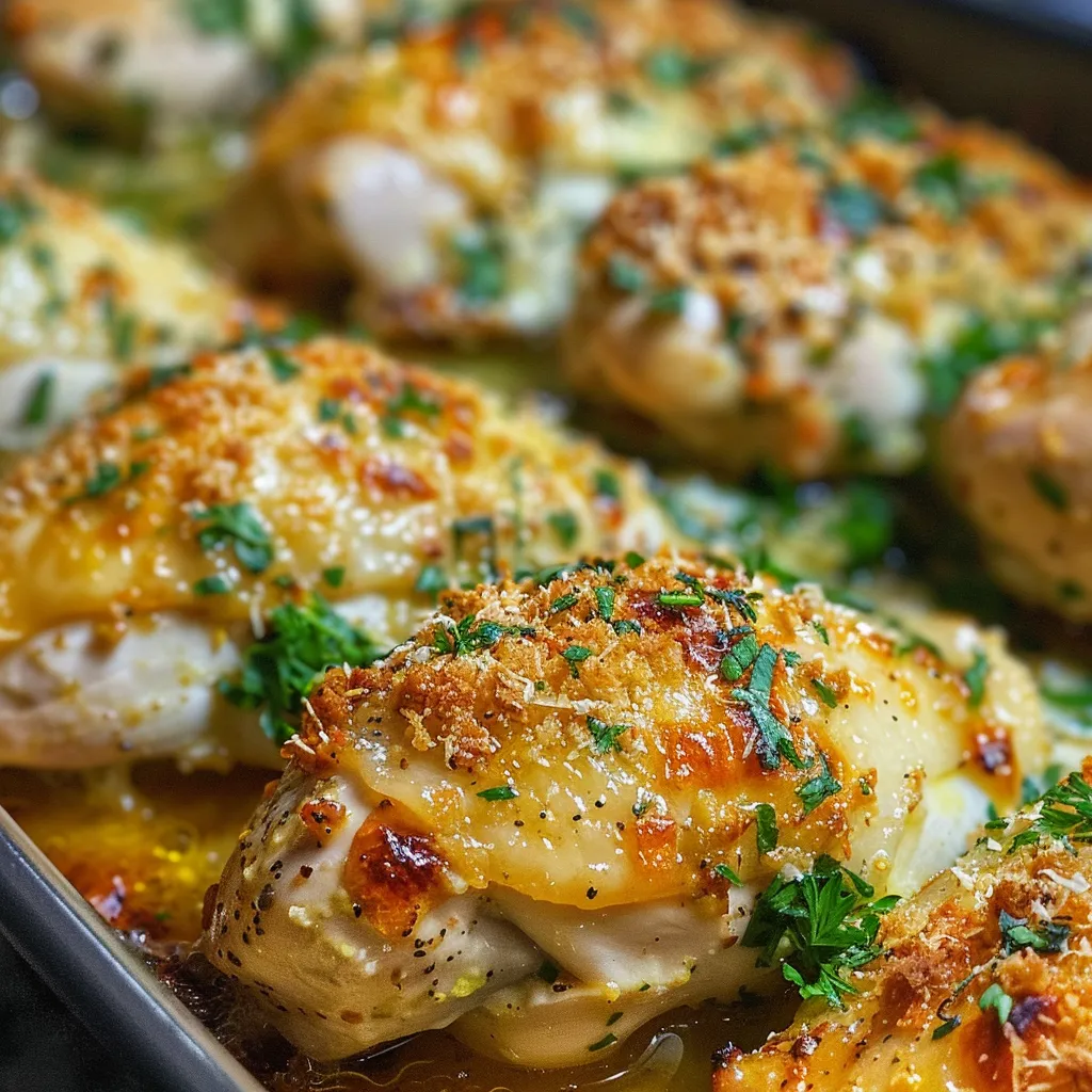 Close-up of a golden-brown garlic parmesan chicken bake, garnished with parsley.