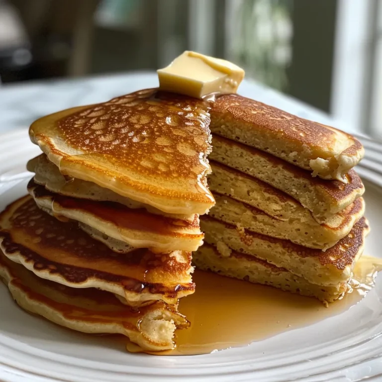 Close-up view of golden-brown gluten-free almond flour pancakes stacked on a plate.