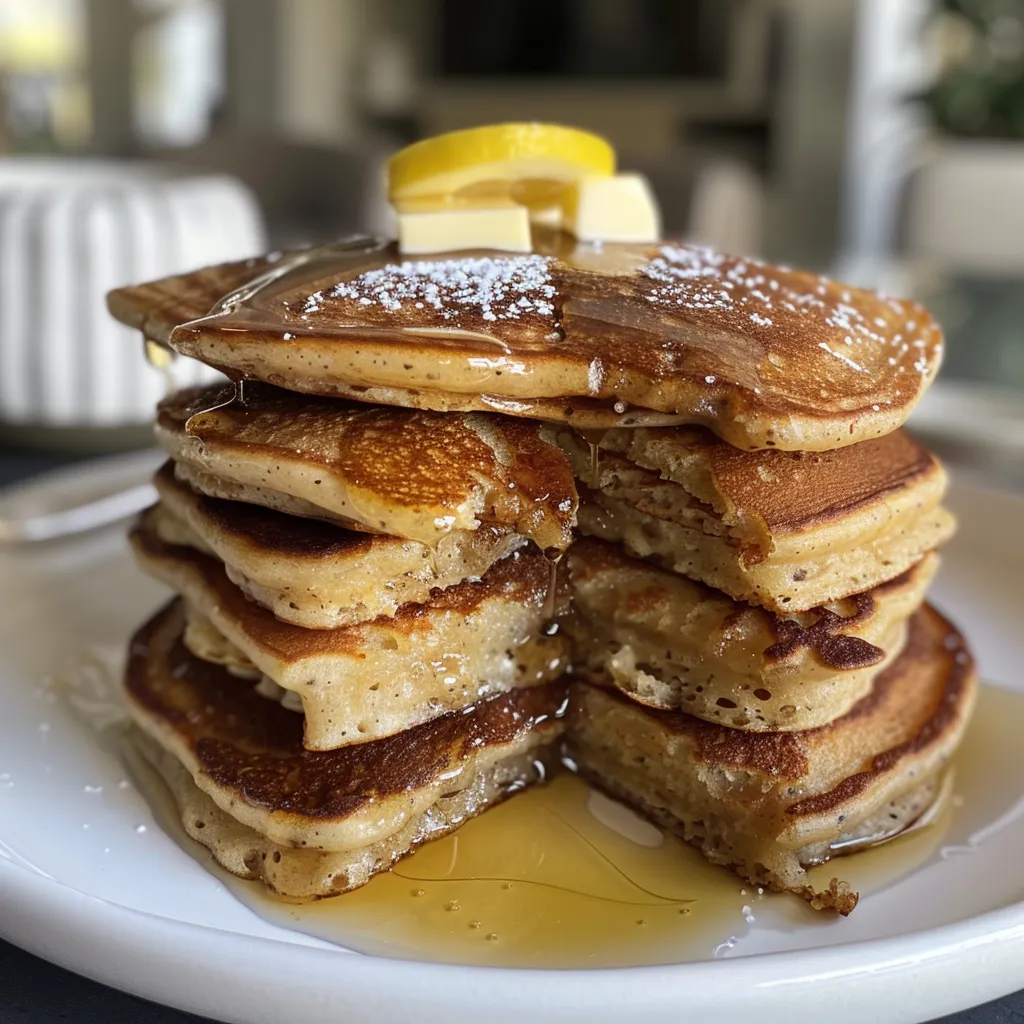 Side angle of fluffy almond flour pancakes with fresh butter melting on top.