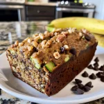 A close-up side view of moist Grain-Free Banana Zucchini Bread with chocolate chips and crushed pecans on top.