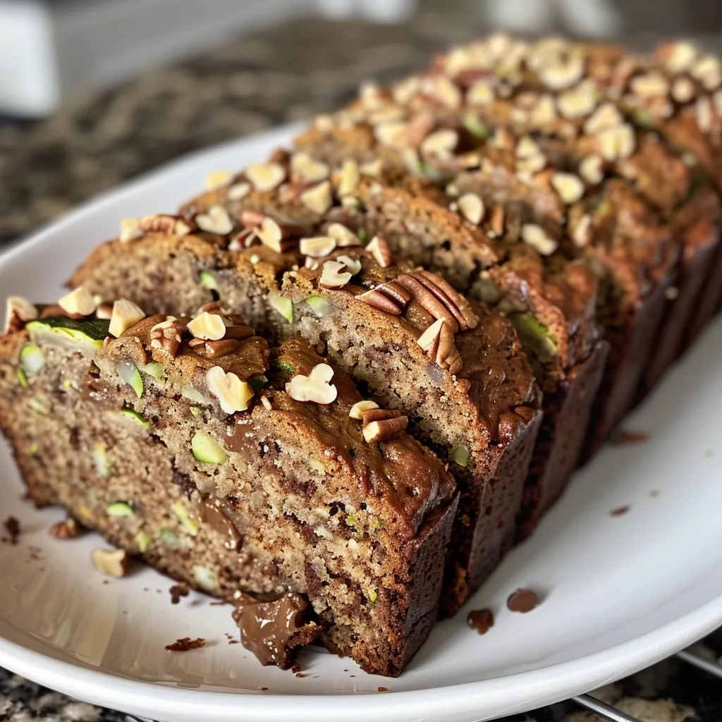 Sliced Grain-Free Banana Zucchini Bread displaying a soft texture and chocolatey bits, set against a simple background.