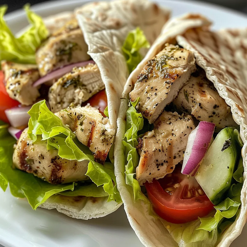 Side view of Greek chicken wraps filled with chicken, lettuce, and tomato.