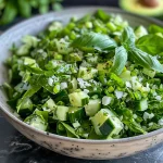 Close-up of a vibrant Green Goddess Salad featuring chopped cabbage, diced cucumber, and fresh herbs.