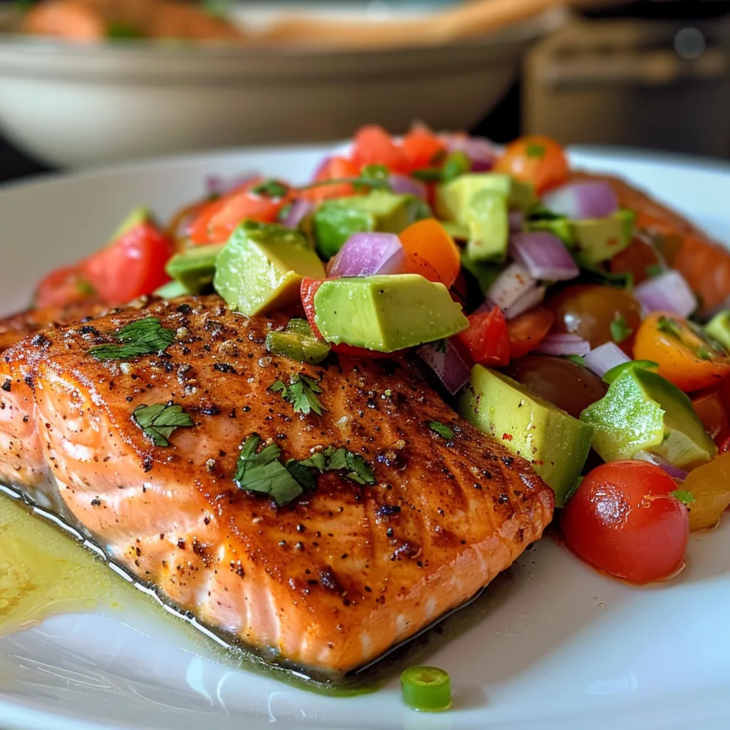 Juicy grilled salmon fillet garnished with fresh avocado salsa.