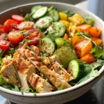 Close-up view of a vibrant chicken and hummus salad bowl, showcasing colorful ingredients.